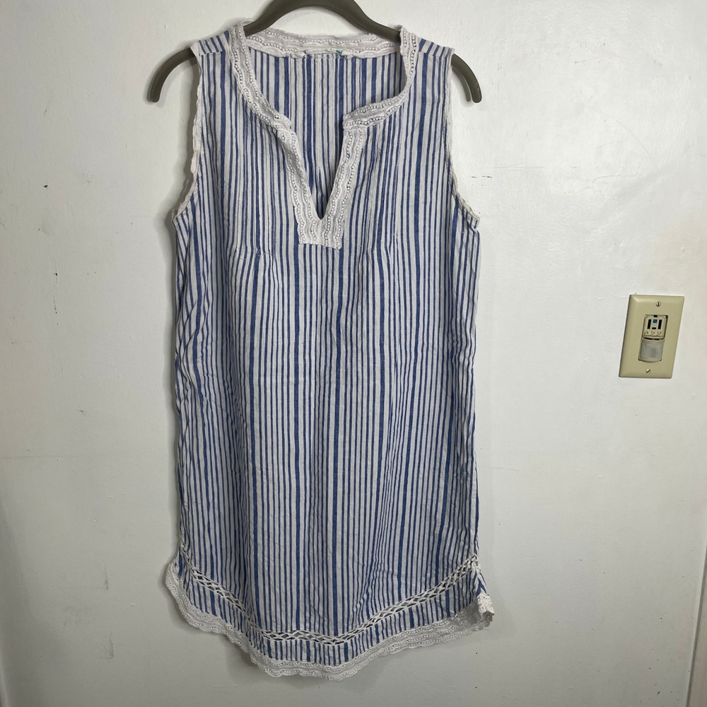Womens Blue‎ White Striped Linen Blend Lace Sleeveless Tunic Top M Coastal READ